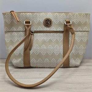 Kim Rogers Beige White Woven Chevron Shoulder Bag Tan Trim Front Zip Pocket